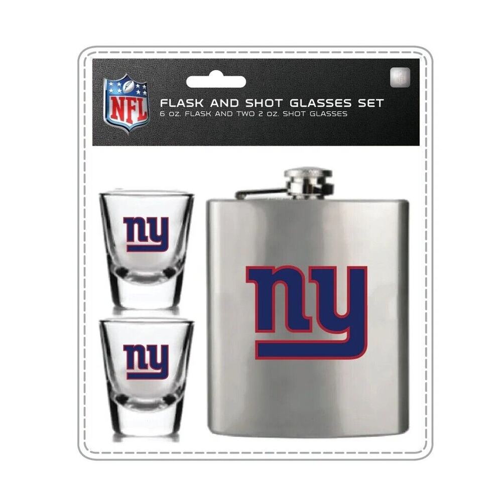 NEW YORK GIANTS Flask + 2 Shot Glasses Set Brushed Stainless Steel NFL Portable
